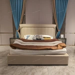 Curved-Top Leather Bed with Channel Tufting and High-Gloss Wooden Side Panels